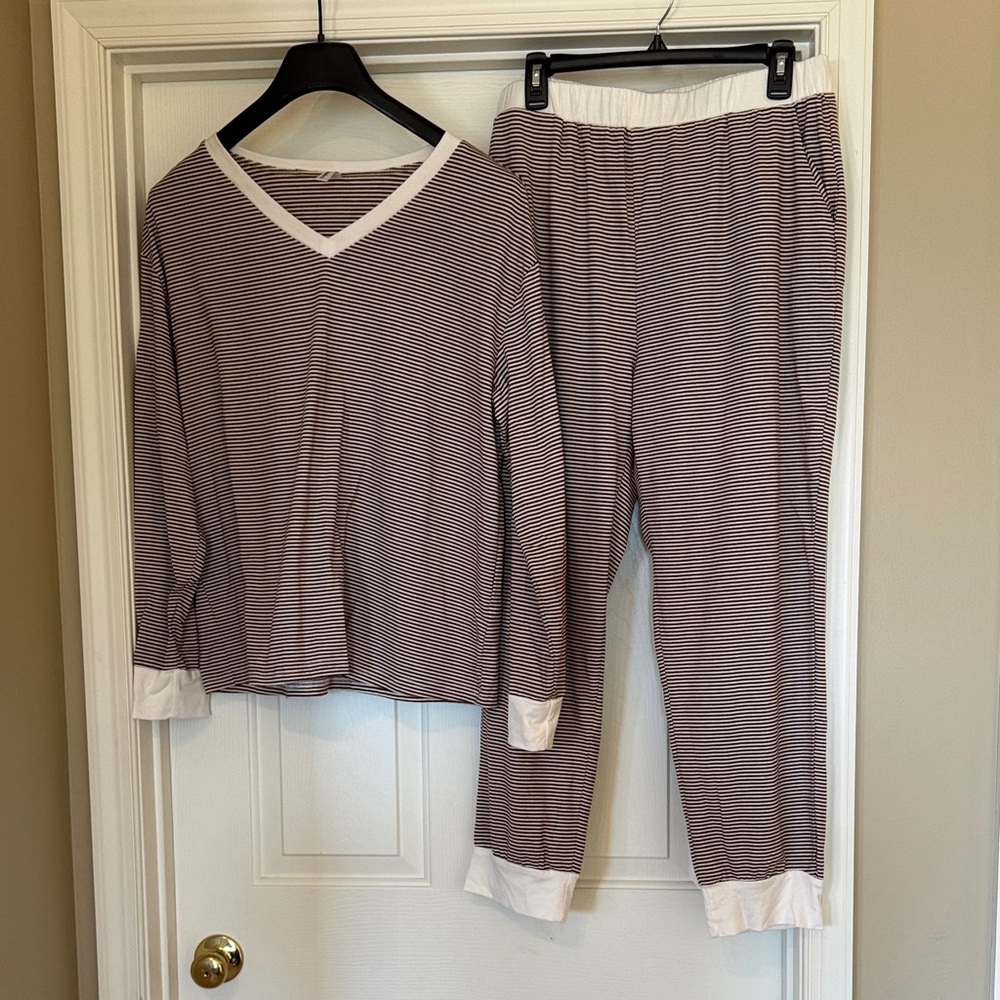 FashionNow Brown & White Striped V-Neck Tee and pants - lounge set